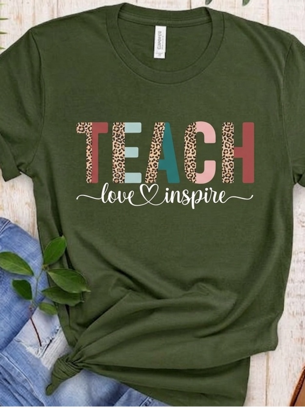 Port and Company Olive TEACH Love Inspire Graphic Tee UNISEX Size M Super soft